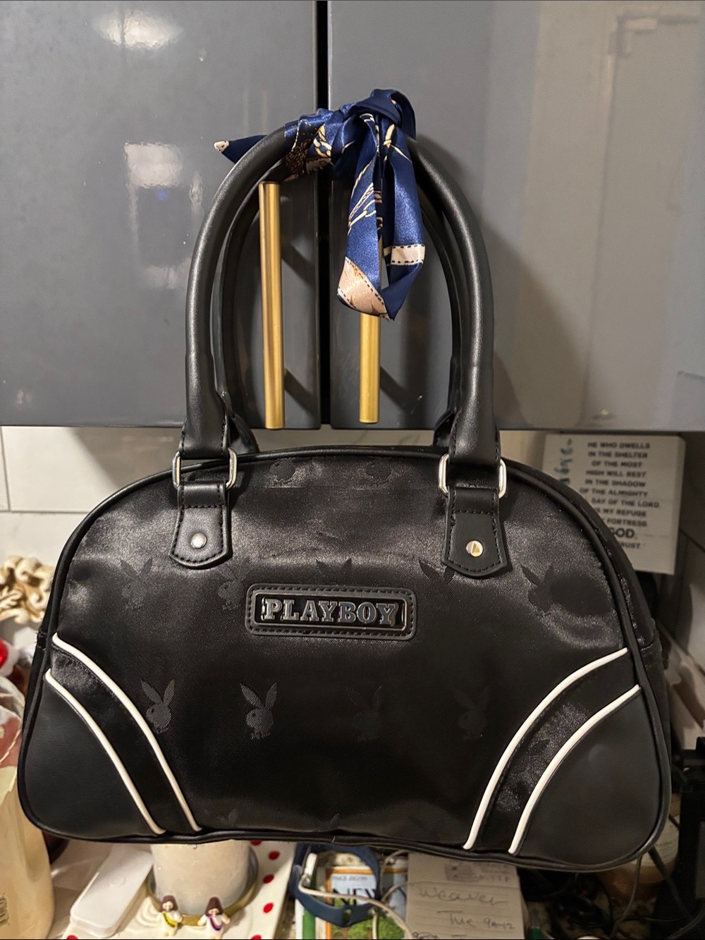 PLAYBOY Black Satchel /crossbody strap with White Piping Accents